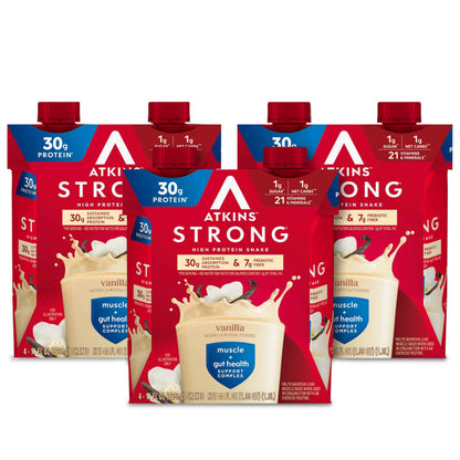 Atkins Strong High Protein Shake, 30g Protein, 7g Prebiotic Fiber, 1g Sugar, GLP-1 Support, Muscle & Gut Health Support Complex