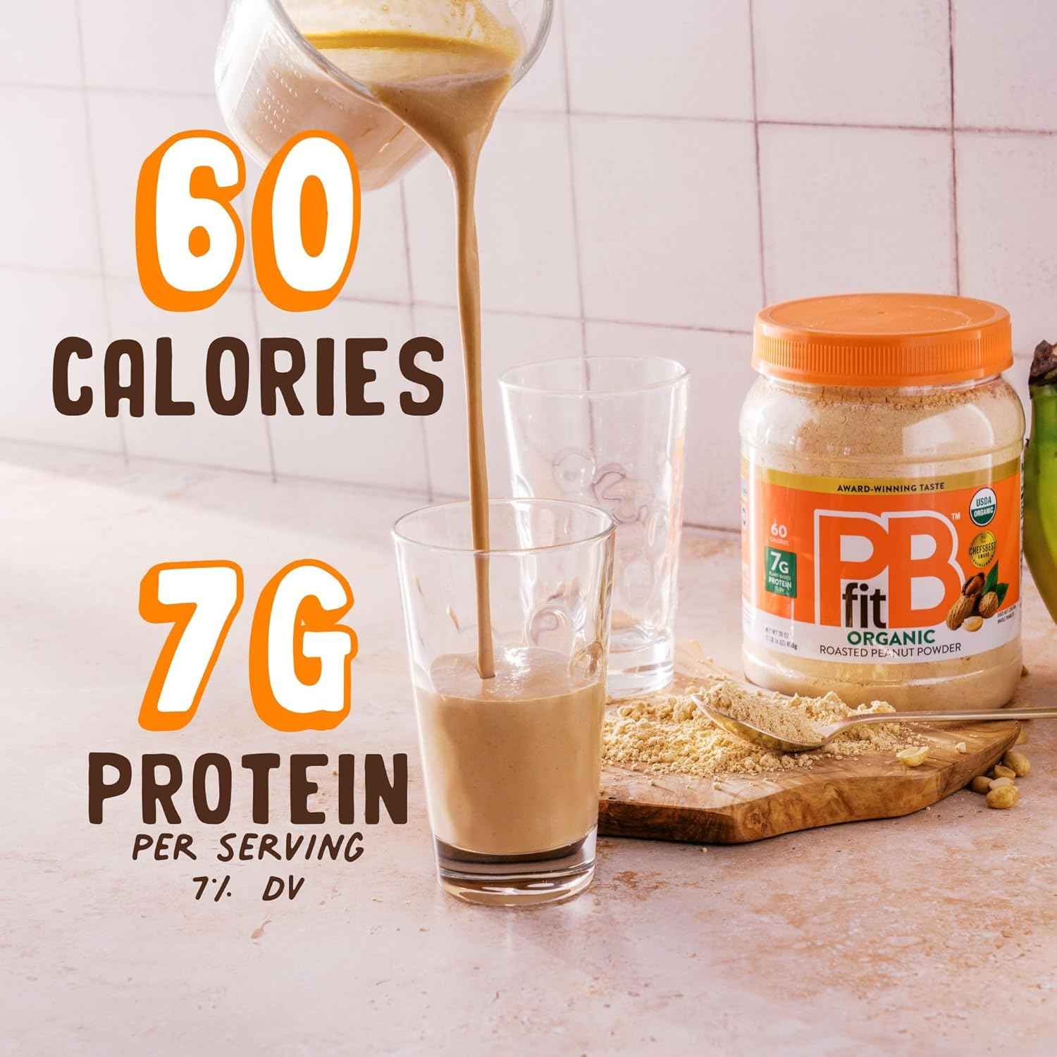 PBfit Organic Peanut Butter Powder, Powdered Peanut Spread from Real Roasted Pressed Peanuts, 7g of Protein 7% DV, Gluten-Free, 60 calories, 87% less fat (Pack of 1)