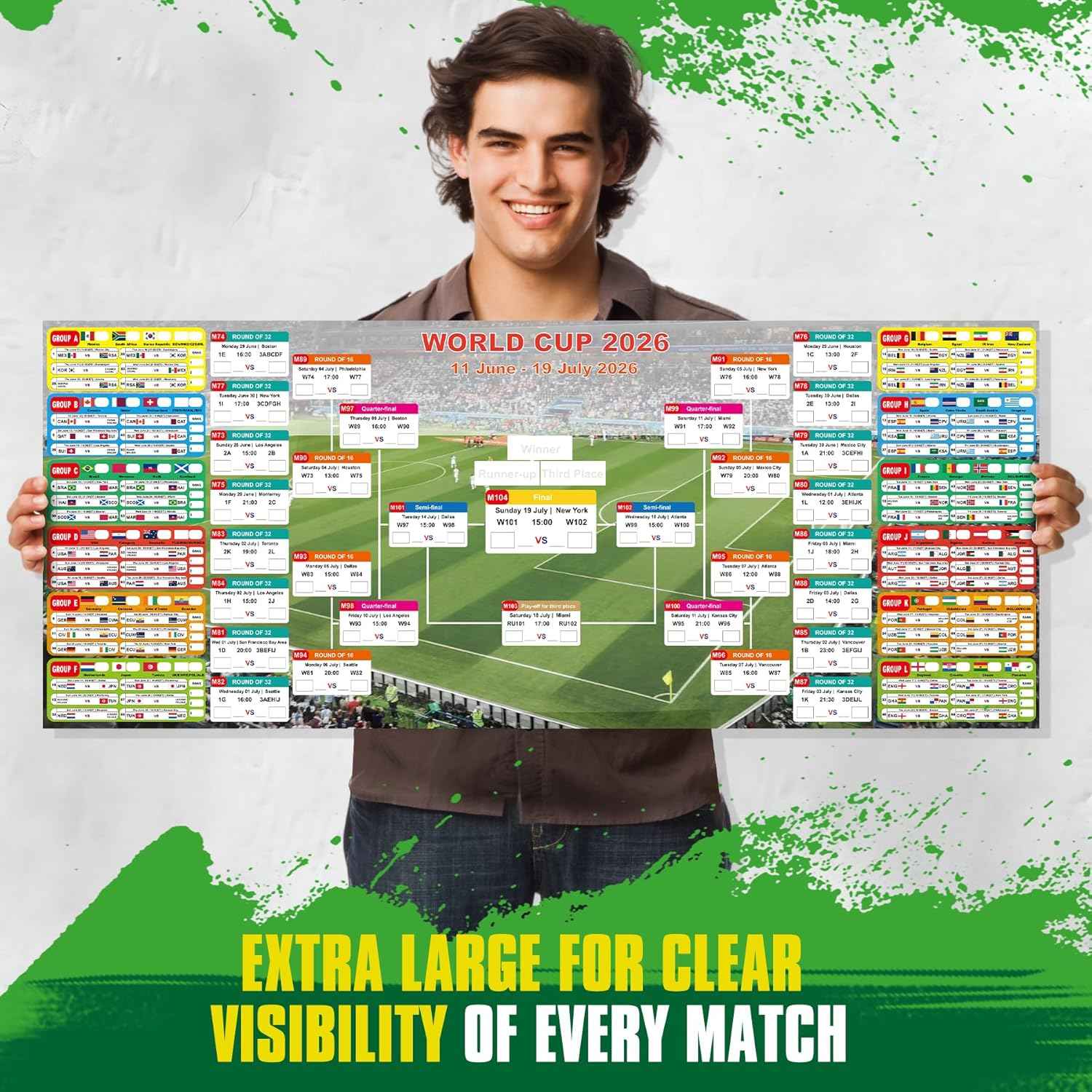 2026 World Cup Schedule Poster – Extra Large 43.31"x17.72" Waterproof PP, Dry Erase Soccer Tournament Wall Chart with Knockout Bracket & Group Stage Tracker – Perfect for Home, Office, Bar, Viewing Parties & Fans