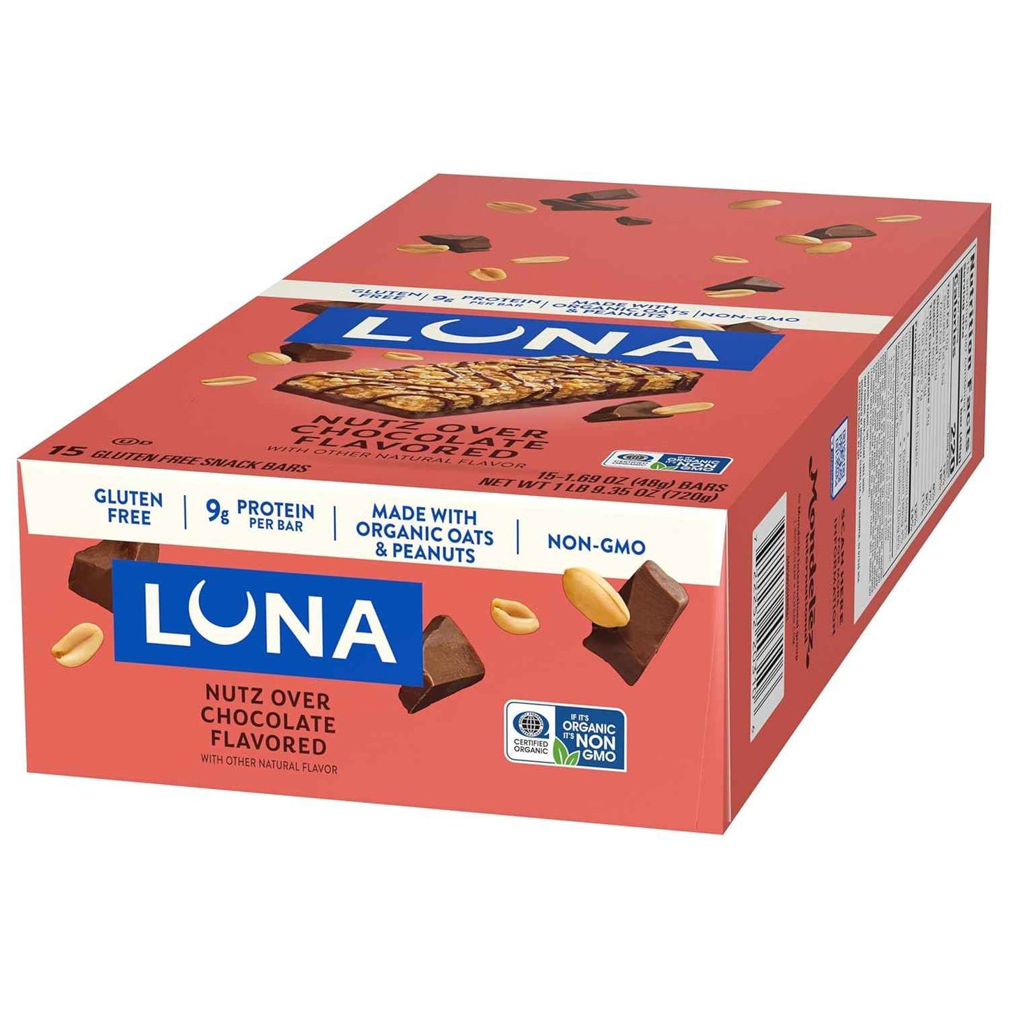 LUNA Bar - Nutz Over Chocolate Flavor - Gluten-Free - Non-GMO - 7-9g Protein - Made with Organic Oats - Low Glycemic - Whole Nutrition Snack Bars - 1.69 oz. (15 Count)