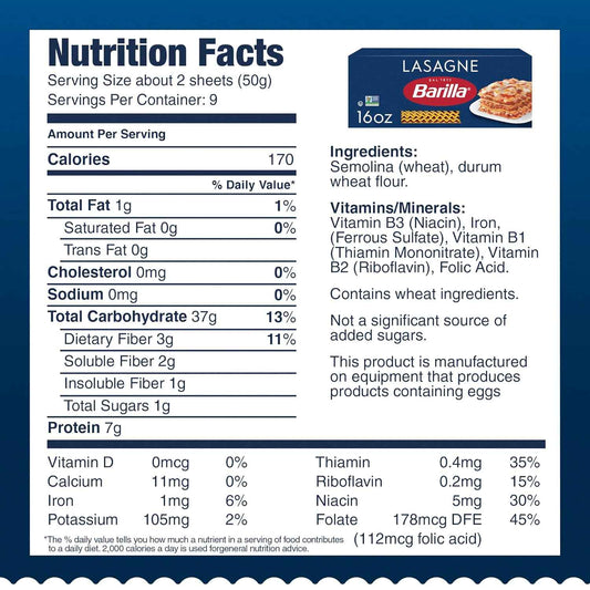 Barilla Wavy Lasagne Pasta, 16 oz. Box - Non-GMO, Made with Durum Wheat Semolina - Kosher Certified