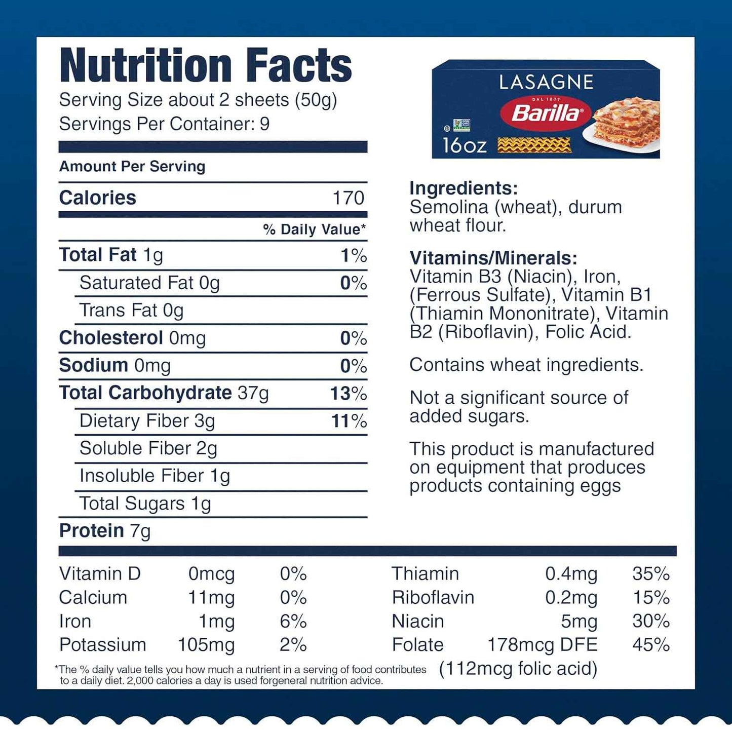 Barilla Wavy Lasagne Pasta, 16 oz. Box - Non-GMO, Made with Durum Wheat Semolina - Kosher Certified