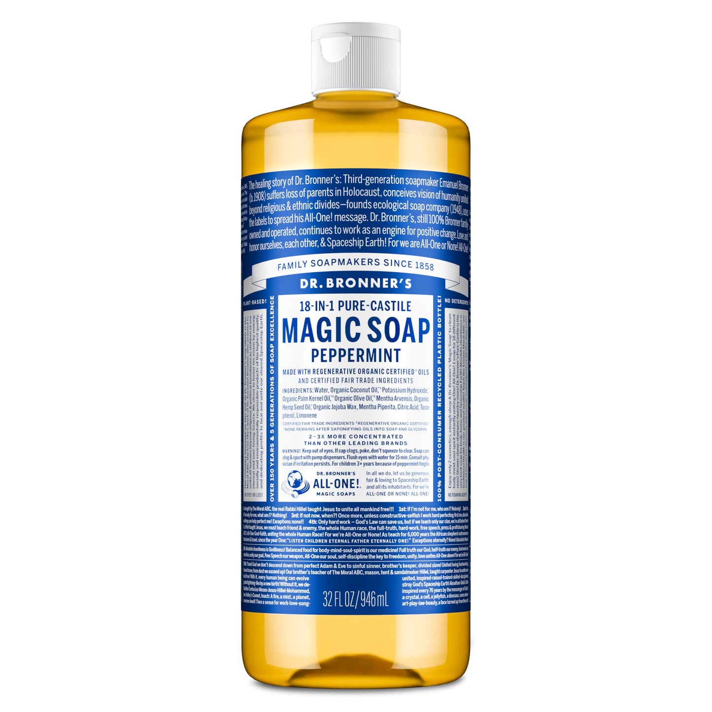 Dr. Bronner&amp;#39;s Pure-Castile Magic Liquid Soap - Made with Regenerative Organic Certified Oils- 18-in-1 Uses for Face, Body, Hand, Hair, Laundry &amp;amp; More- Vegan, Non-GMO- Body Wash- Peppermint,32oz