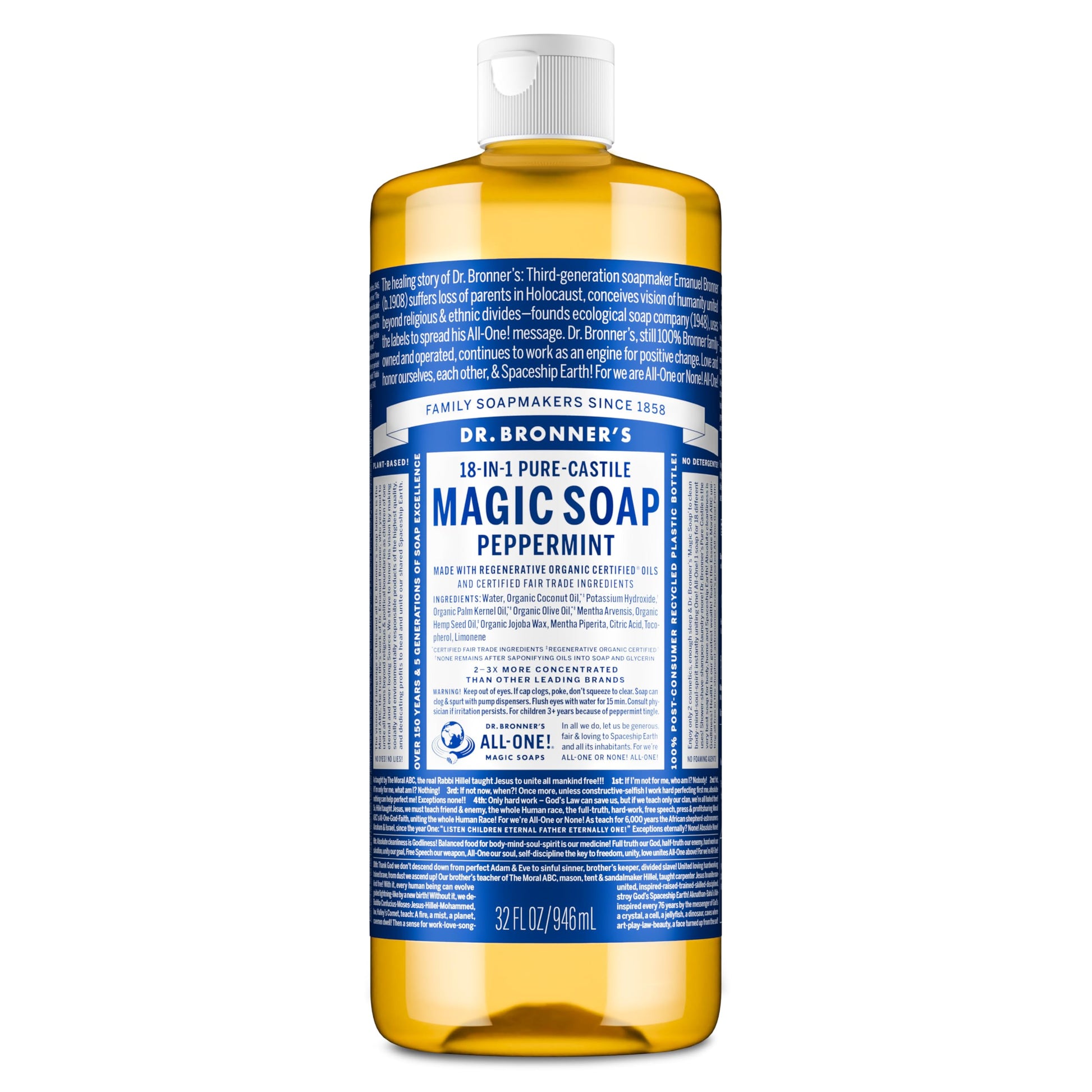 Dr. Bronner&amp;#39;s Pure-Castile Magic Liquid Soap - Made with Regenerative Organic Certified Oils- 18-in-1 Uses for Face, Body, Hand, Hair, Laundry &amp;amp; More- Vegan, Non-GMO- Body Wash- Peppermint,32oz