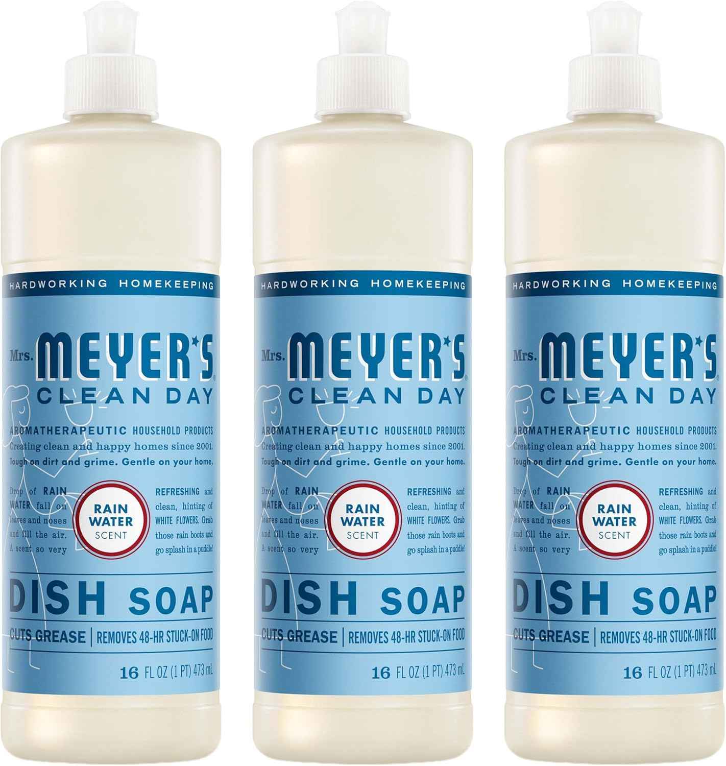 MRS. MEYER'S CLEAN DAY Liquid Dish Soap, Rain Water Scent, 16 Fl Oz Bottle - 3 Pack