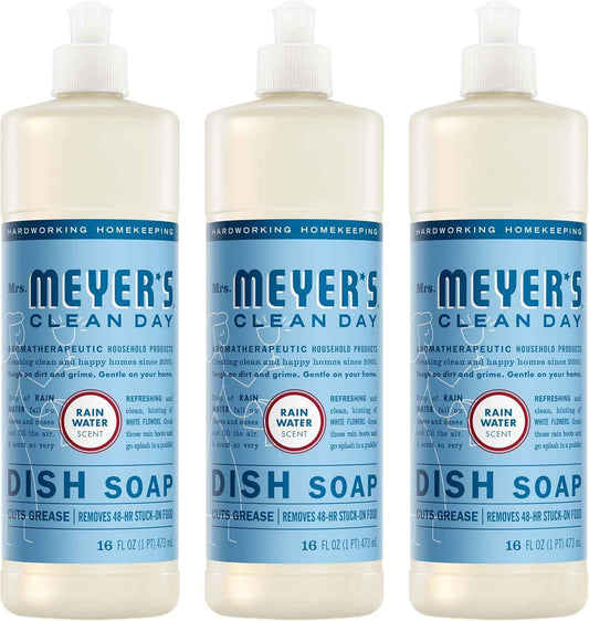 MRS. MEYER'S CLEAN DAY Liquid Dish Soap, Rain Water Scent, 16 Fl Oz Bottle - 3 Pack