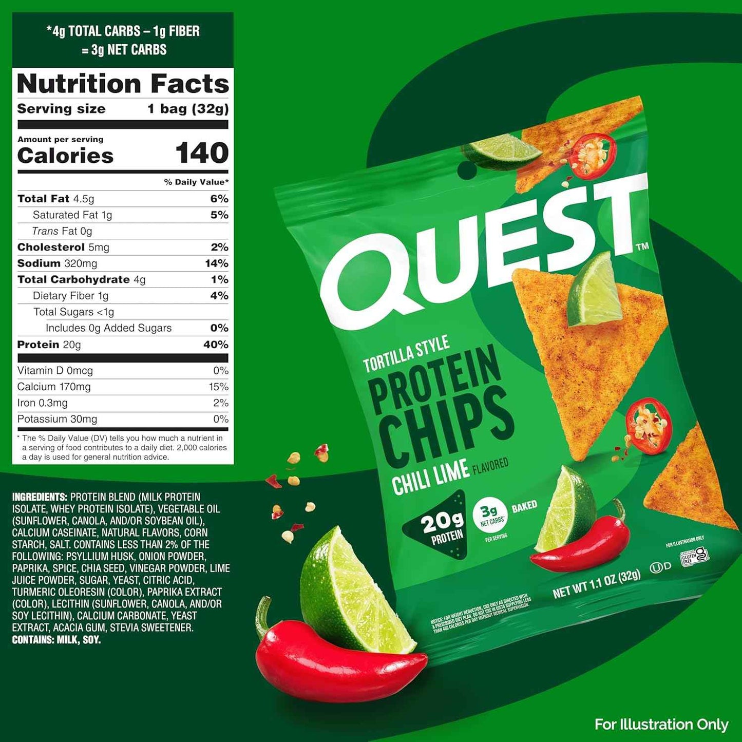 Quest Nutrition Tortilla Style Protein Chips, 20g Protein, 3g Net Carbs, Low Carb, Gluten Free, 1.1 oz