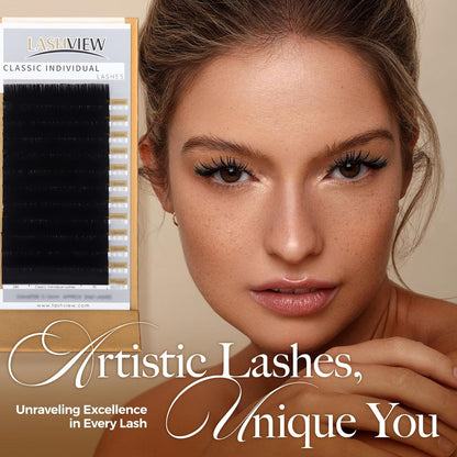 LASHVIEW Eyelash Extensions,Ellipse Flat Eyelash Extensions 0.15mm C Curl 8-15mm Mixed Tray,Mink Black,Individual Lashes,Super Matte Extremely Soft Professional Salon Use - Eco House Kit