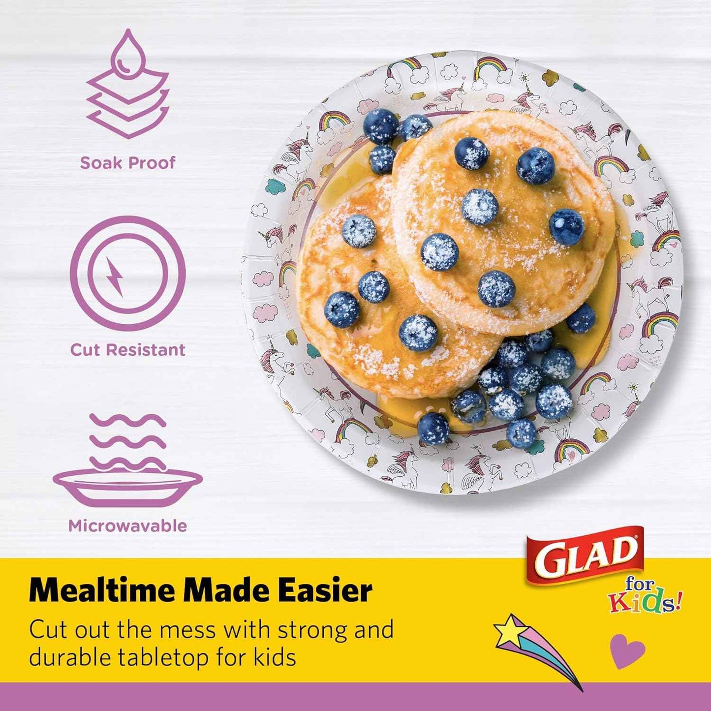 Glad for Kids Unicorn Theme Disposable Paper Plates, Heavy-Duty Soak-Proof Round Plates for Kids Birthdays, Parties, and Everyday Meals, Microwave Safe