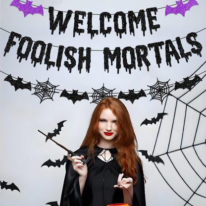 Welcome_Foolish_Mortals_Halloween_Banner_Decorations_Halloween_Haunted_Mansion_Banner_Wall_Decorations_with_Bat_and_Spider_for_Halloween_Party_Decorations