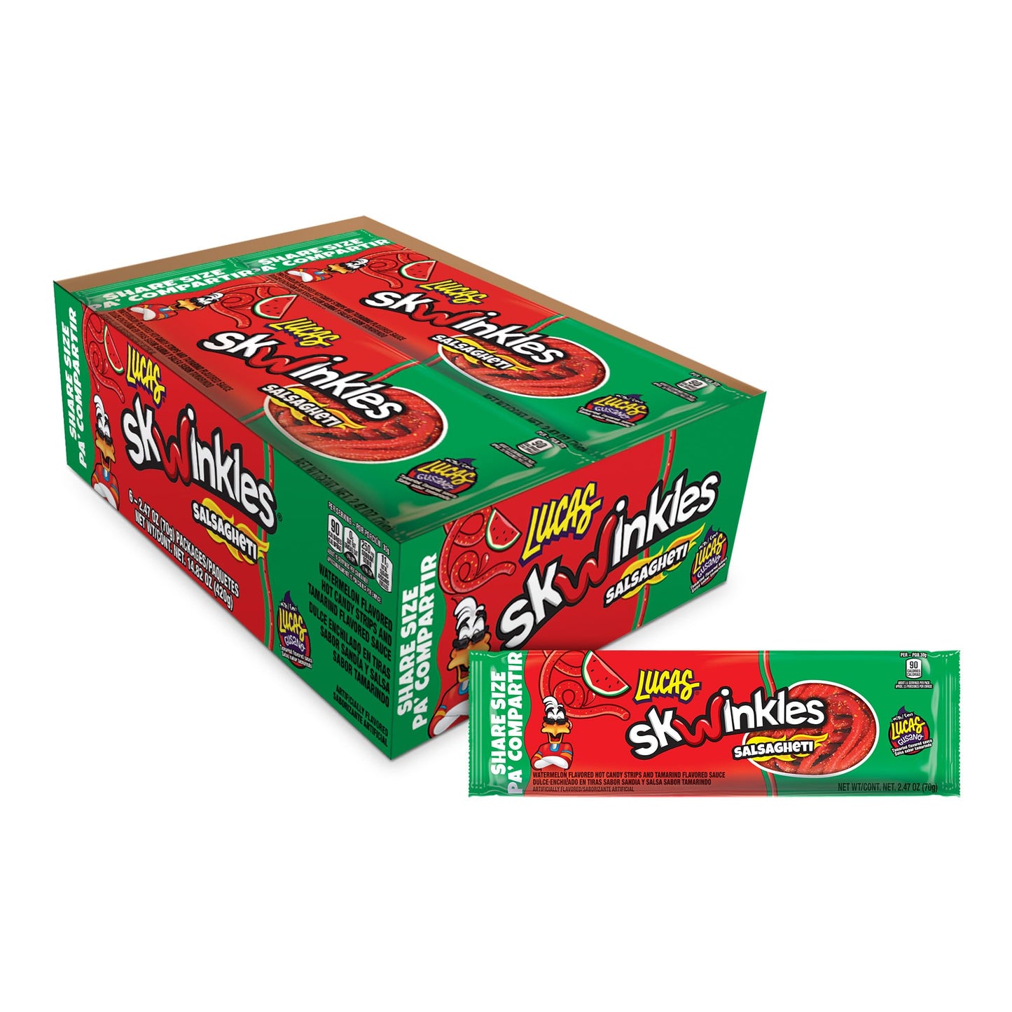 Lucas Salsagheti Watermelon Flavored Sweet &amp;amp; Hot Candy Strips and Tamarind Flavored Sauce, King Size 2.4 oz - 6 Pieces Pack for Treats, Snack, Parties, Piñatas, Great for Easter Baskets