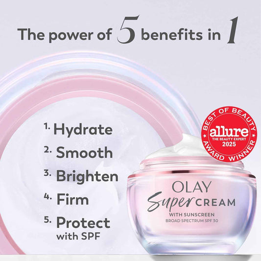 Olay Super Cream with Sunscreen SPF 30, Lightweight Face Moisturizer with Sun Protection, 5-in-1 Skin Care Benefits - Hydrating, Brightening, Firming - Niacinamide, Vitamin C, Collagen Peptide