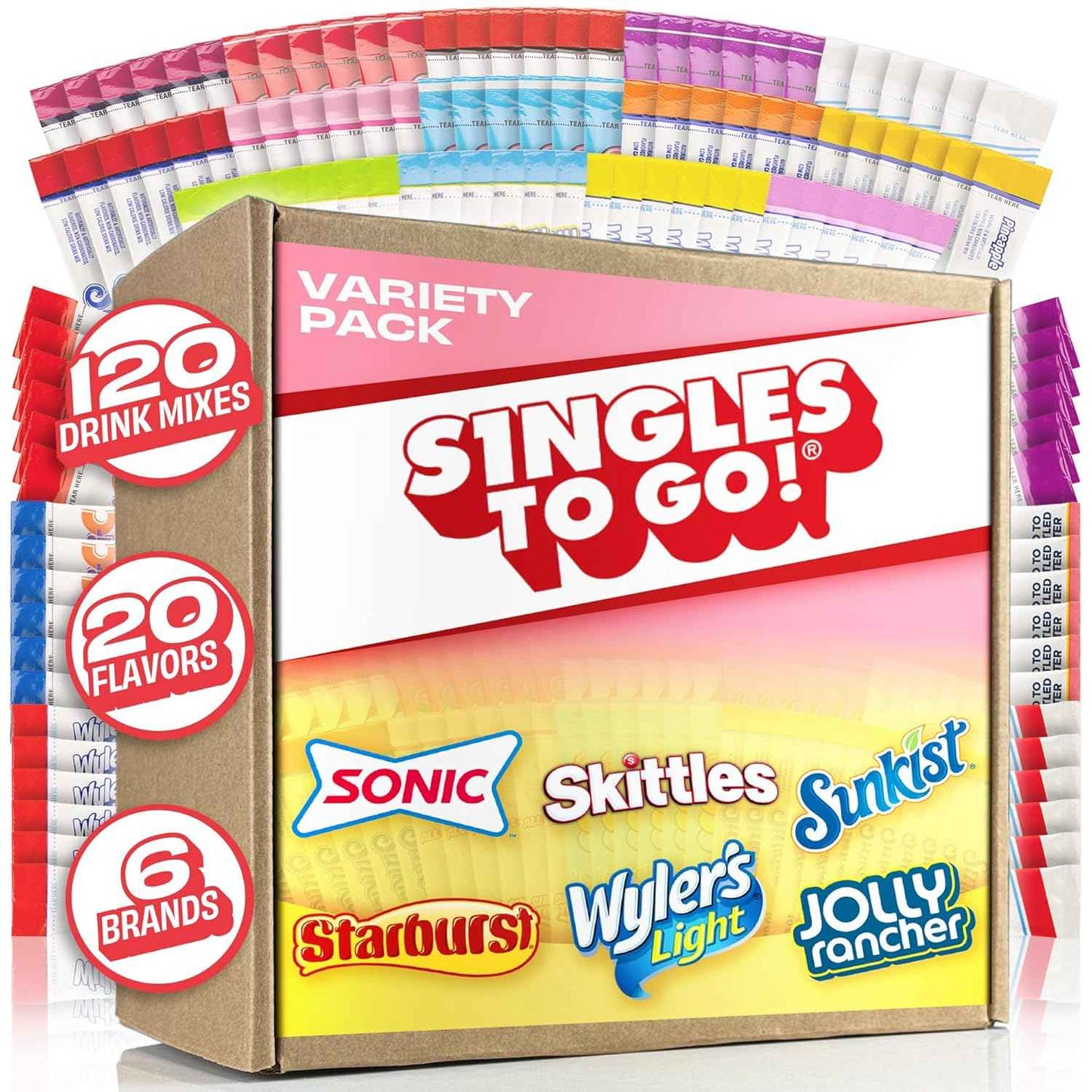 Singles To Go! 120ct Bulk Variety Pack - 20 Different Flavors and More - Sugar Free Drink Mix Packets - Sugar Free Water Flavoring Packets