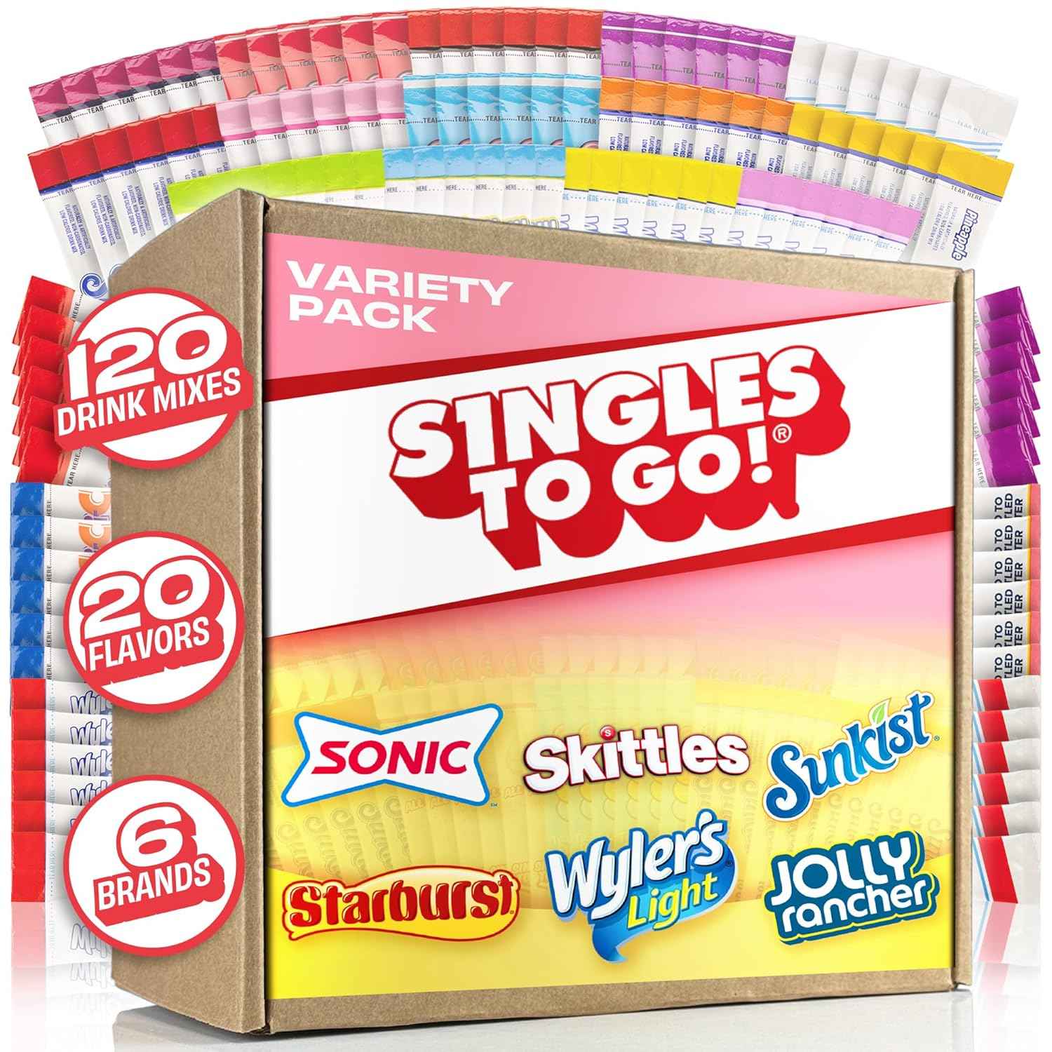 Singles To Go! 120ct Bulk Variety Pack - 20 Different Flavors and More - Sugar Free Drink Mix Packets - Sugar Free Water Flavoring Packets