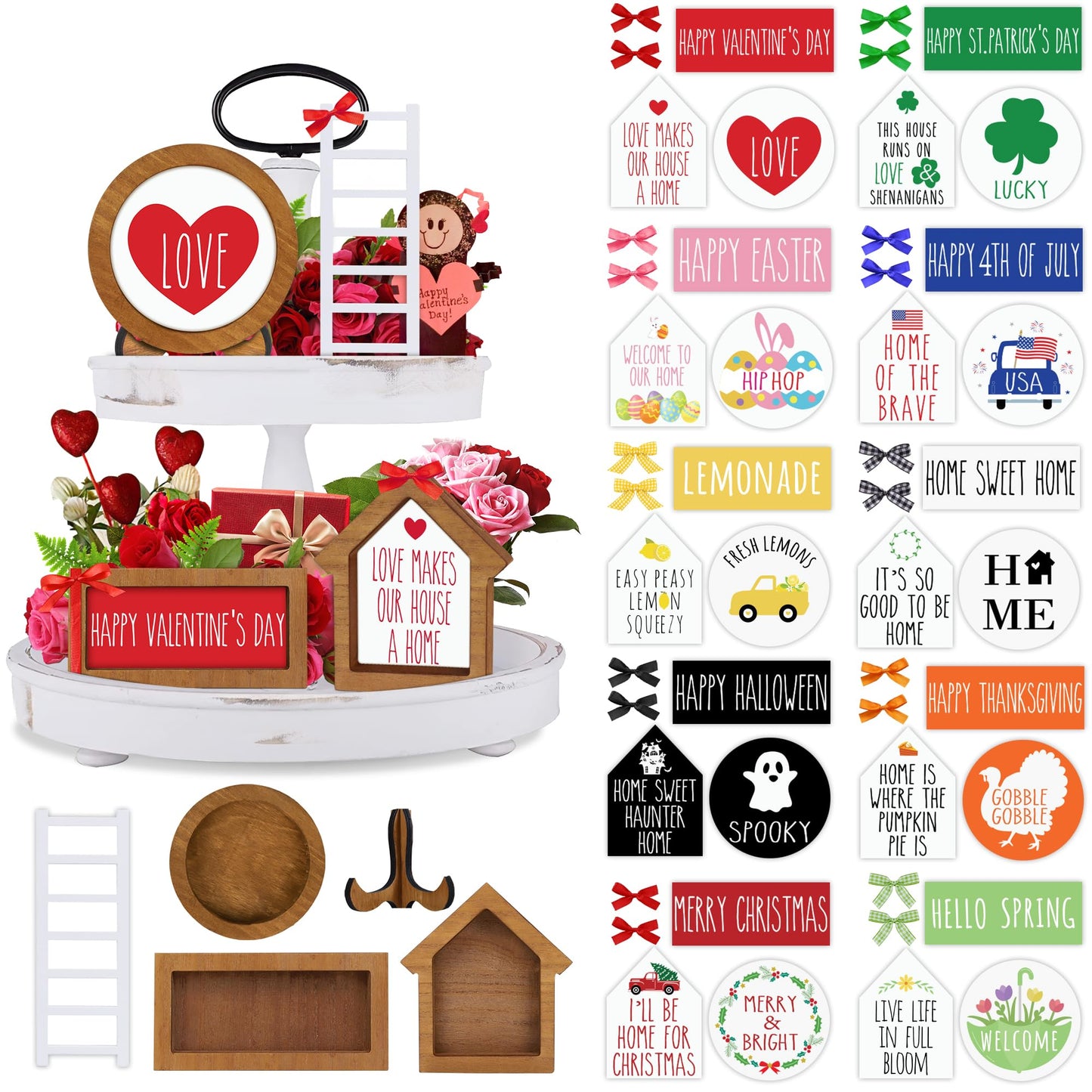 Farmhouse Valentines Day Tiered Tray Decorations Set - Year Round Seasonal Interchangeable Holiday Rustic Wooden Frames with Cards, Ladder for Home Kitchen Table Centerpiece