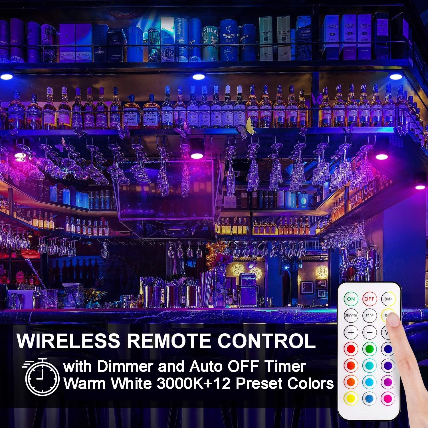 BLS_LED_Puck_Lights_with_Remote_Control,_Wireless_Under_Cabinet_&_Closet_Lighting,_RGB_13_Color_Changing_Lights_with_Dimmer,_Timer_&_AA_Battery_Operated,_Push,_Touch,_Stick_on_for_Night,_Wall,_2_Pack/6_Pack