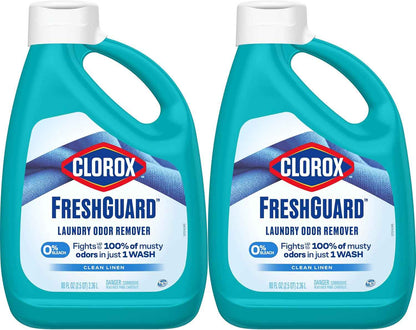 Clorox FreshGuard Laundry Odor Remover, 0% Bleach, Clean Linen, 80 Fl Oz., Pack of 2 (Pack May Vary)