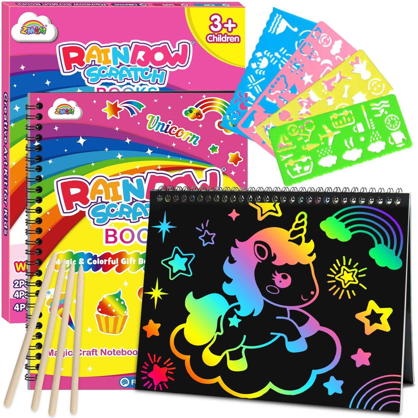 ZMLM Scratch Paper Art-Crafts Gift: 2 Pack Rainbow Notebooks Supplies Toys Easter Basket Stuffers for 3 4 5 6 7 8 9 10 Years Old Girls and Boys Kids Valentine's Day Birthday Party Travel Games