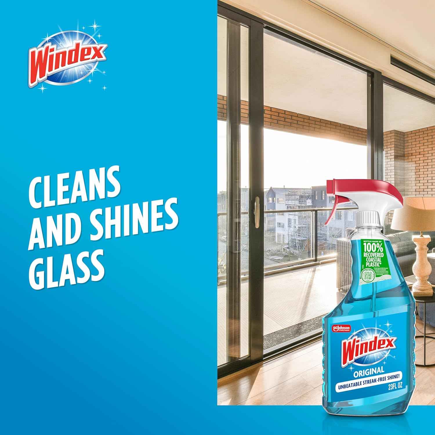 Windex Glass and Window Cleaner Spray Bottle, Bottle Made from 100% Recycled Plastic, Surface Cleaning Spray, Original Blue Scent, 23 Fl Oz (Pack of 6)