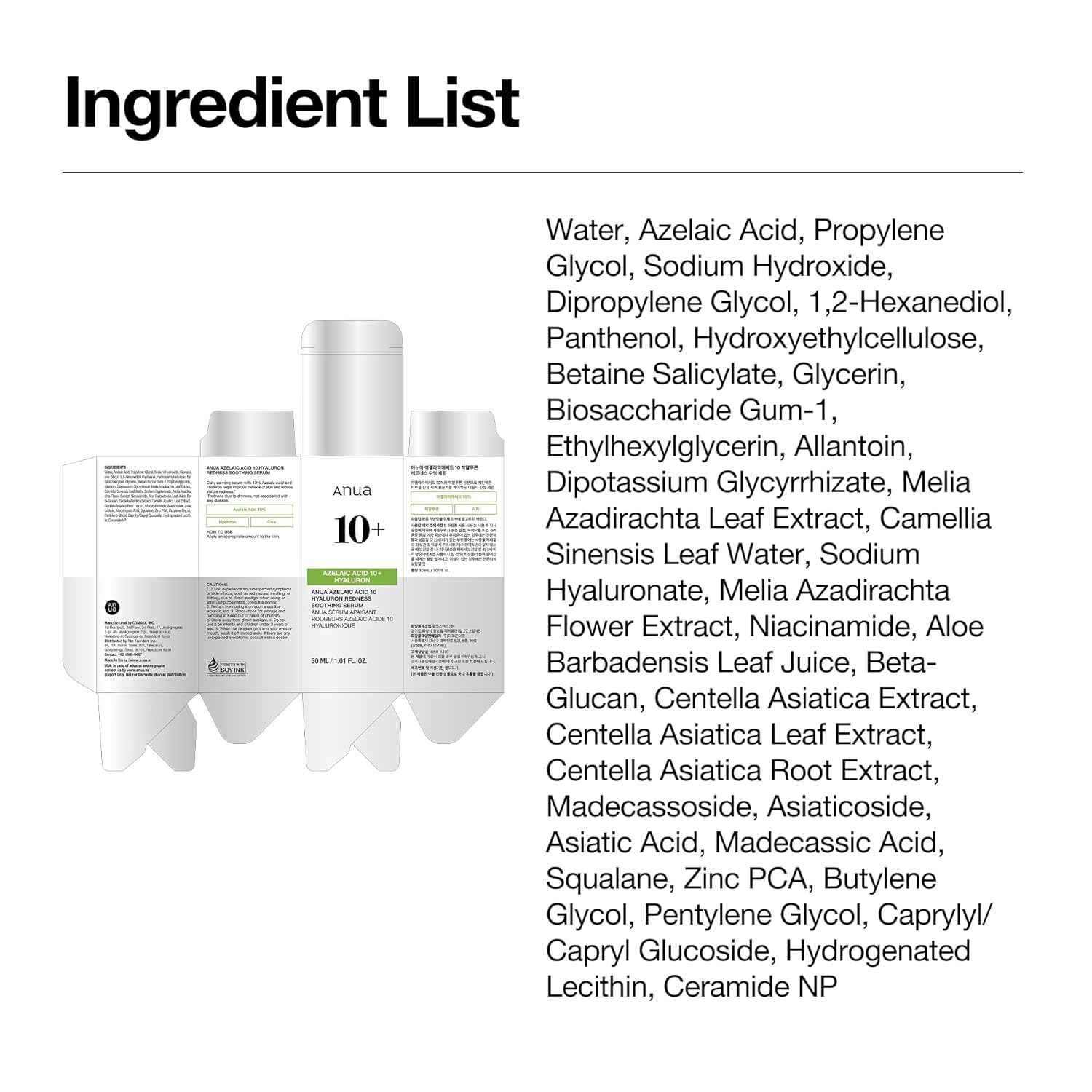 Anua Azelaic Acid 10 Hyaluron Redness Soothing Serum, Facial Serum for Blemish-Prone & Oily-Prone Skin, Lightweight & Hydrating Blemish Care, Hyaluronic Acid, Korean Skincare, 1.01 fl oz.