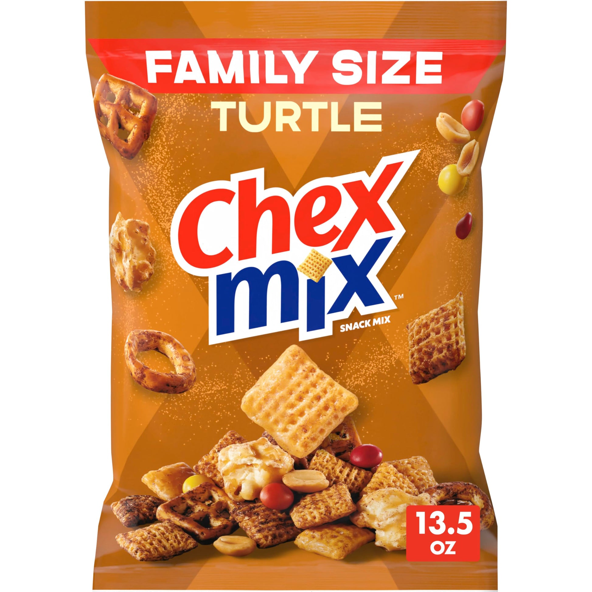 Chex Mix Turtle Snack Mix, Indulgent Snacks, Family Size, 13.5 oz
