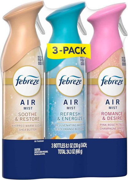 Febreze Air Mist, Air Freshener, Odor Fighting Room Spray, Deodorizer for Home Bathroom Kitchen Office Apartment, Soothe & Restore, Refresh & Energize, Romance & Desire Variety Pack