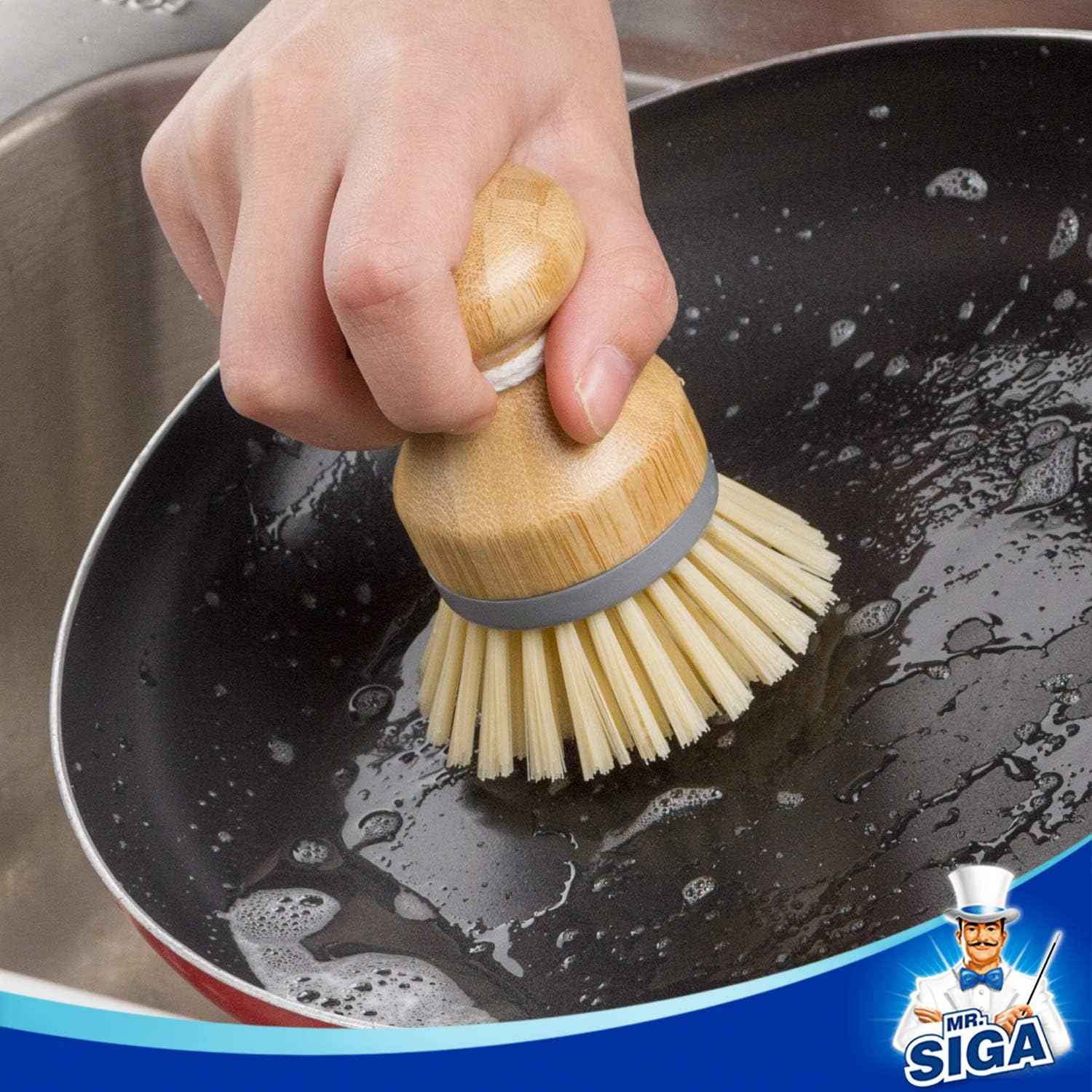 MR.SIGA Bamboo Palm Brush, Scrub Brush for Dishes Pots Pans Kitchen Sink Cleaning, Pack of 2