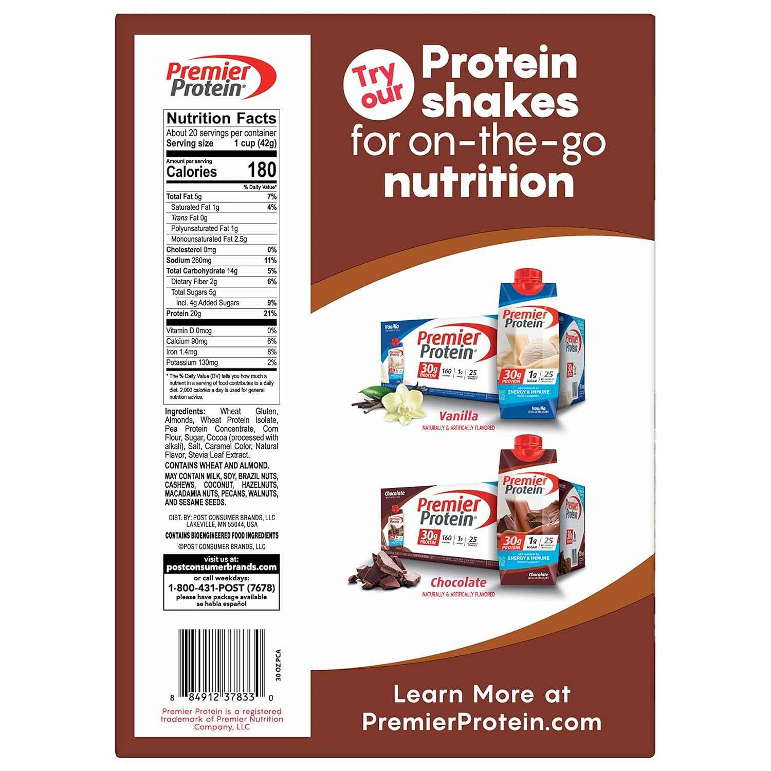 Post Premier Protein Cereal, Chocolatey Protein Cereal Flakes with Sliced Almonds, Contains 20g of Protein Per Serving, 30 OZ Box