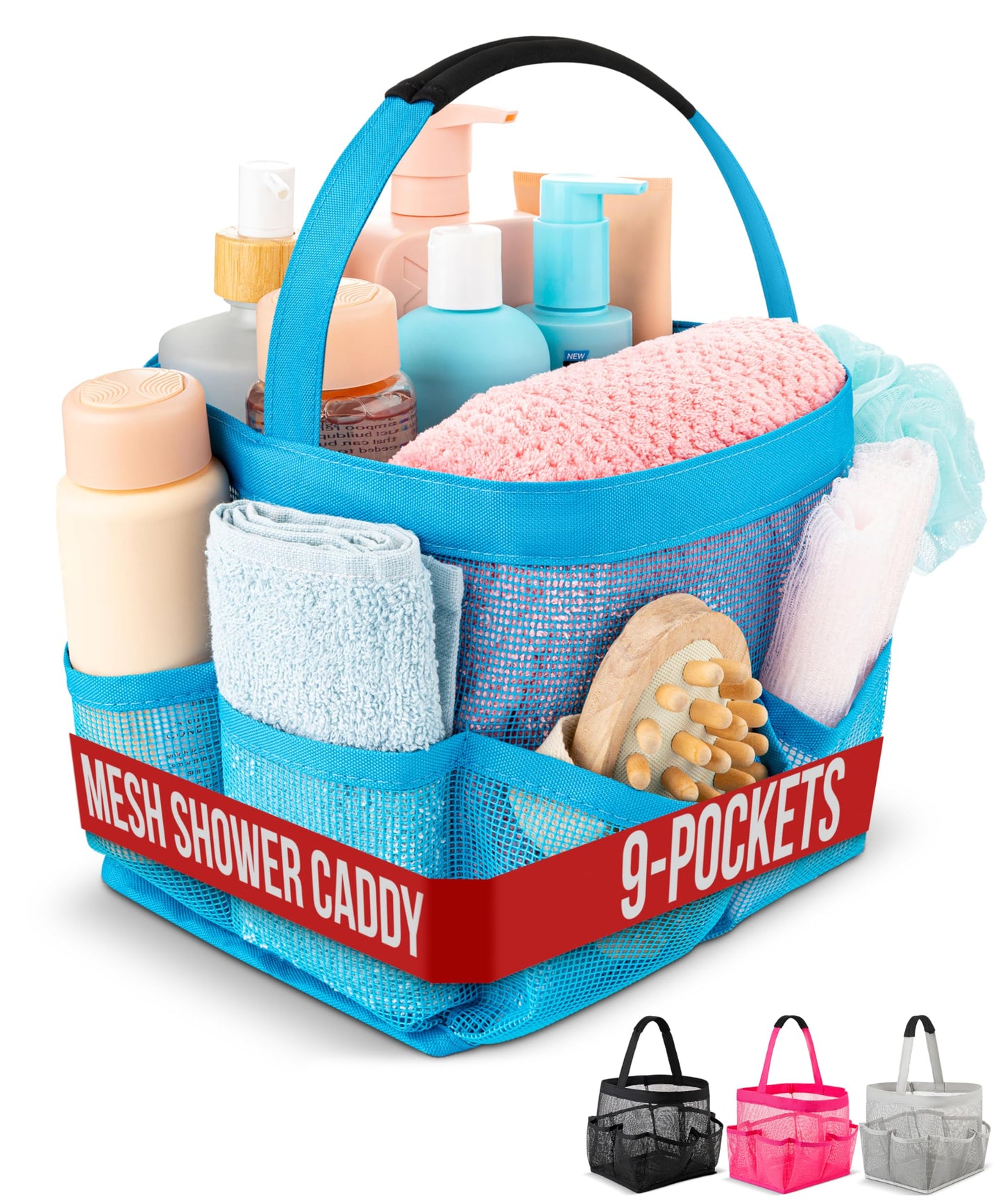 Masirs Mesh Shower Caddy – 9 Pocket Portable Shower Tote Bag for College Dorm Room Essentials, Quick-Dry Bathroom Organizer for Travel, Gym, Camping, Beach – Lightweight Collapsible Blue