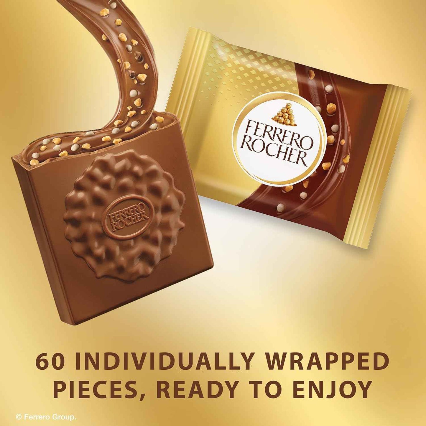 Ferrero Rocher Premium Milk Hazelnut chocolate squares, Individually Wrapped Chocolates, Great for Sharing or Gifting, 60 Pack, 3.7 oz Each