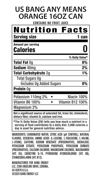 Bang Energy Any Means Orange, Sugar-Free Energy Drink, 16-Ounce | Pack of 12