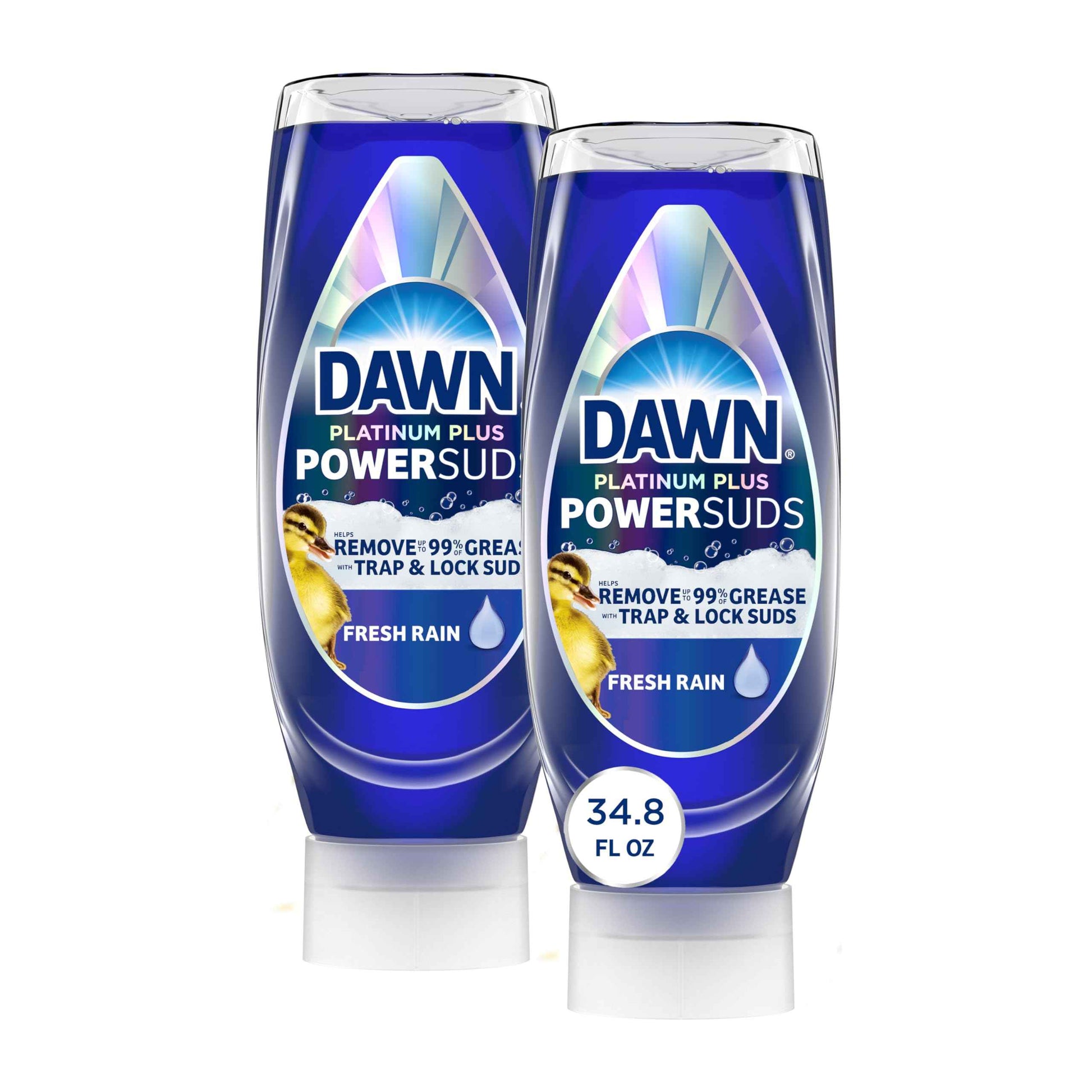Dawn Platinum Plus PowerSuds EZ-Squeeze Dish Soap Liquid, Dishwashing Liquid, Grease Removal, Upside Down Bottle, Fresh Rain Scent, 2x17.4 Fl Oz Bundle