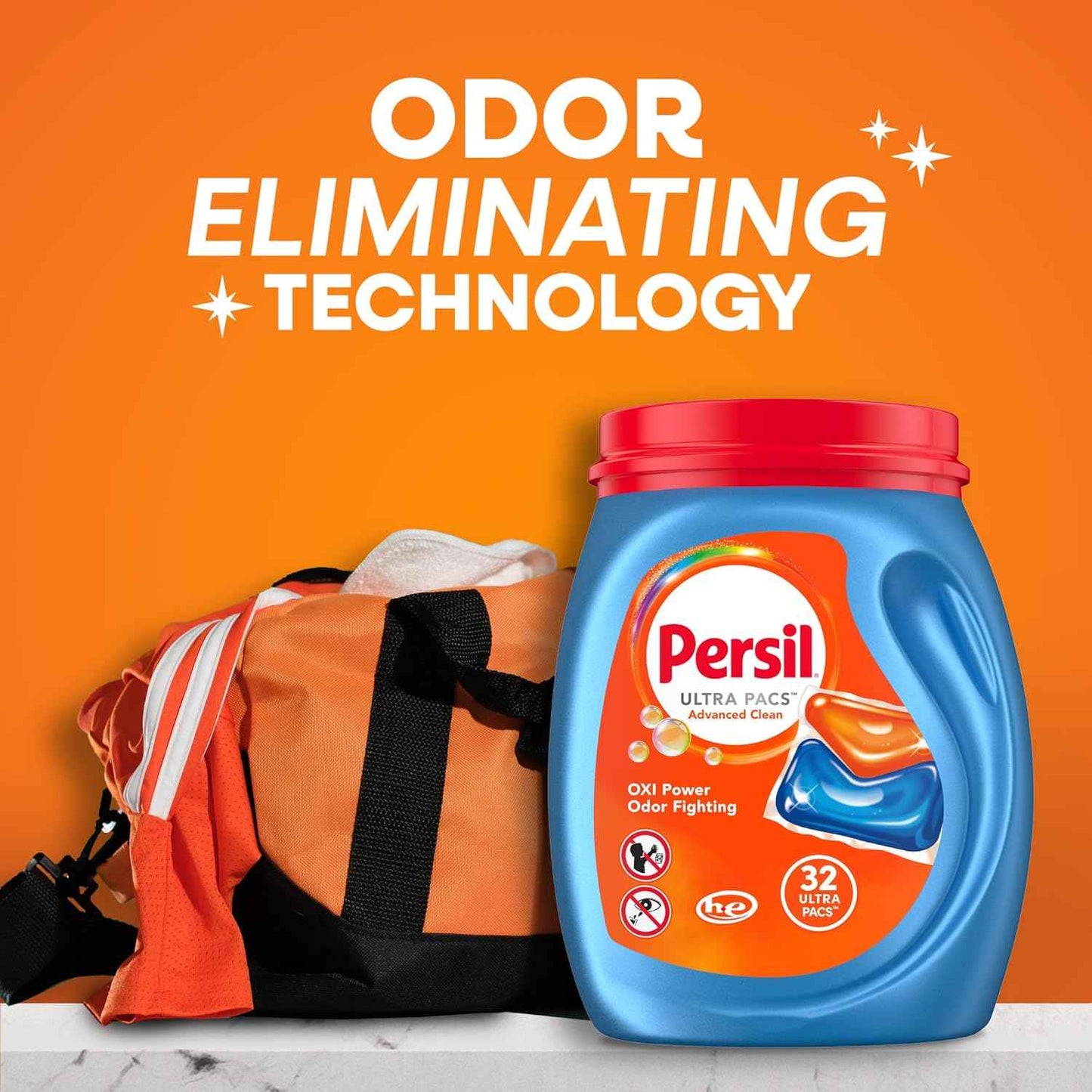 Persil Ultra Pacs Advanced Clean Oxi+Odor Power Laundry Detergent, 57 Count, No Mess, Single-Dose Laundry Soap, Fights Tough Stains & Odors, All Water Temperatures, HE Safe