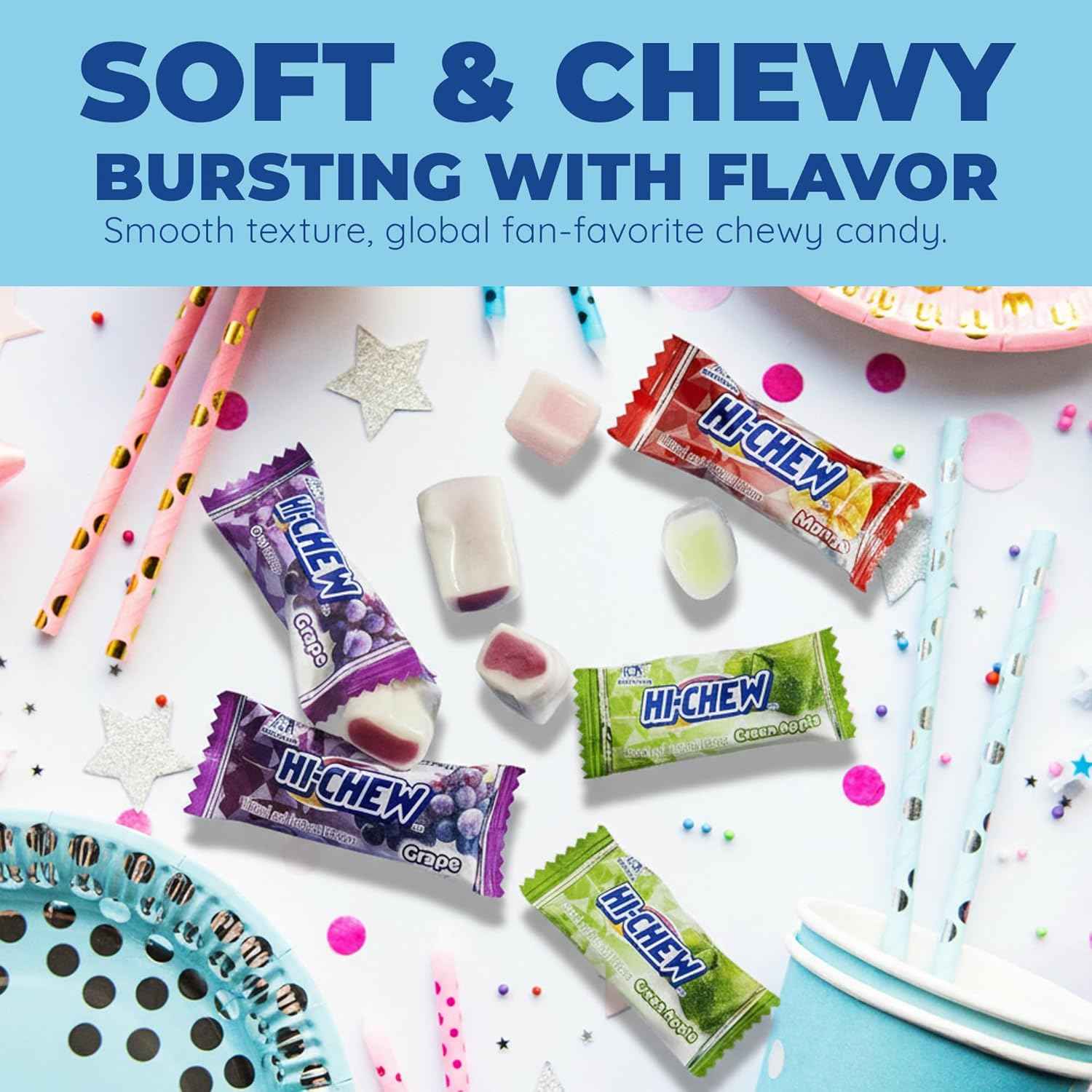 HI-CHEW Assorted, Green Apple Strawberry Mango Grape, Soft & Chewy Candy 2lb - 185+ Pieces Individually Wrapped - Made with Immensely Juicy Fruity Flavors
