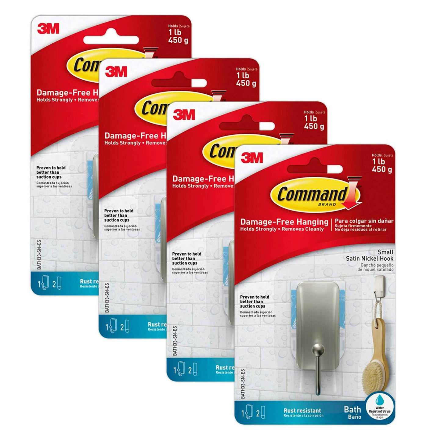 Command Small Bath Hook, Holds up to 1 lb, 1 Satin Nickel Shower Hook with 2 Water Resistant Strips, Damage-Free Bathroom Organization
