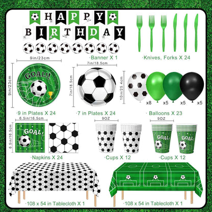 170 PCS Soccer Party Decorations, Soccer Birthday Party Decorations - Includes Plates, Napkins, Cups, Banner, Balloons, Tablecloth, Knives, Forks for Sports Soccer Theme Party Decorations, Serve 24