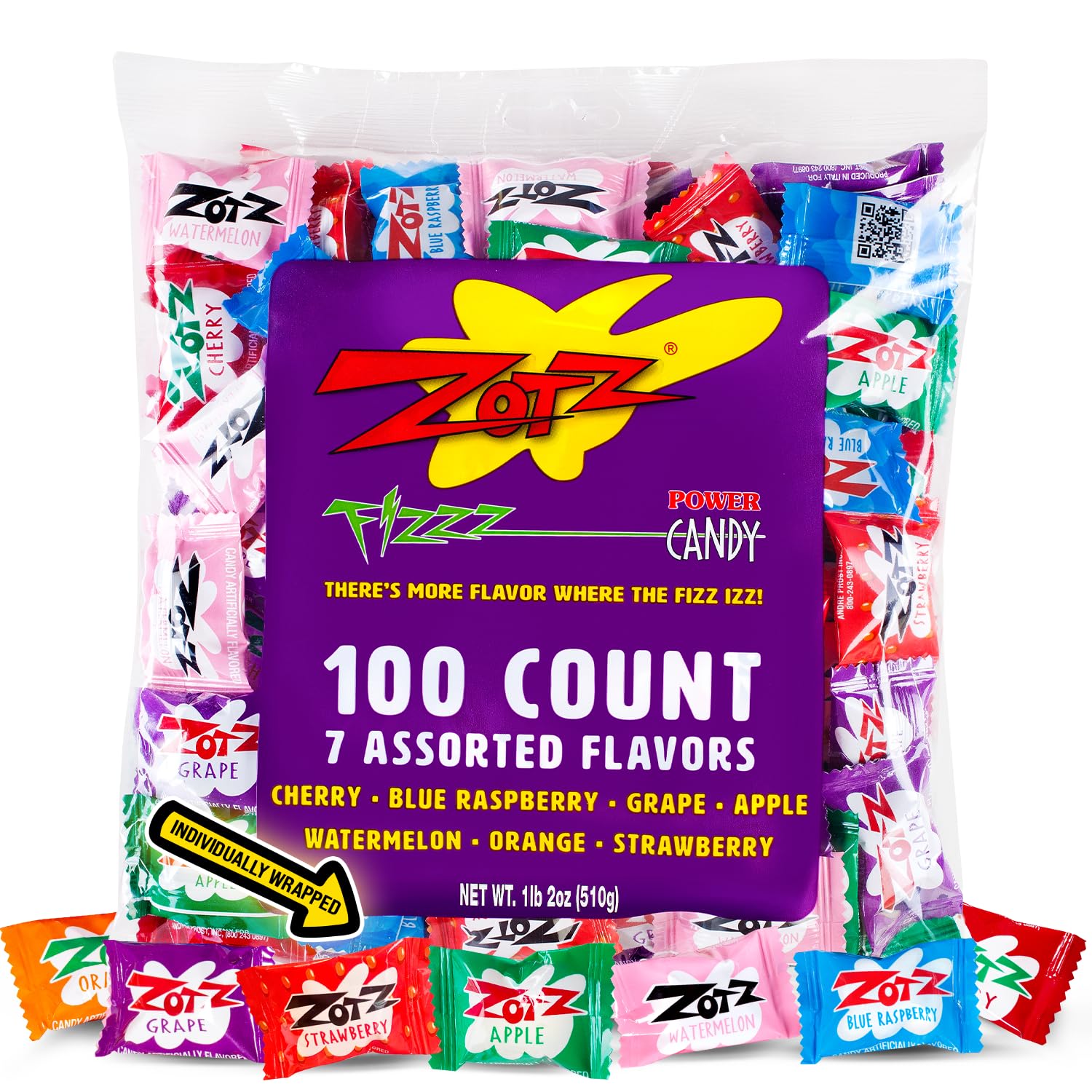 Zotz Fizzy Bulk Candy (Assorted, 100 Units)- Hard Candy Individually Wrapped- Assorted 7 Fruit Flavors, Cherry, Watermelon, Strawberry, Blue Raspberry, Apple, Orange &amp;amp; Grape- From Italy Since 1970