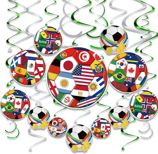 AhfuLife 24pcs Soccer Hanging Swirls for Party Decorations 2026, 12Pcs Soccer Flag Hanging Swirls and 12pcs Hanging Swirls for World Cup Home Party Decorations