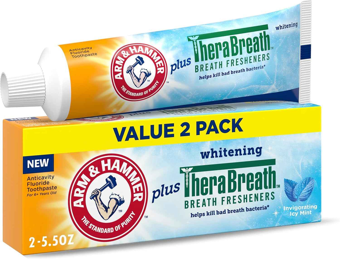 ARM & Hammer Toothpaste Plus TheraBreath Breath Fresheners, ICY Mint Flavor, Teeth Whitening Toothpaste, Anticavity Fluoride for Bad Breath, 5.5 Oz