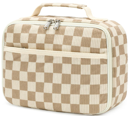 Kids Girls Lunch Bag Insulated Lunch Box for school Corduroy Lunch Cooler Organizer School Kids Lunch Tote (Corduroy checkered brown)
