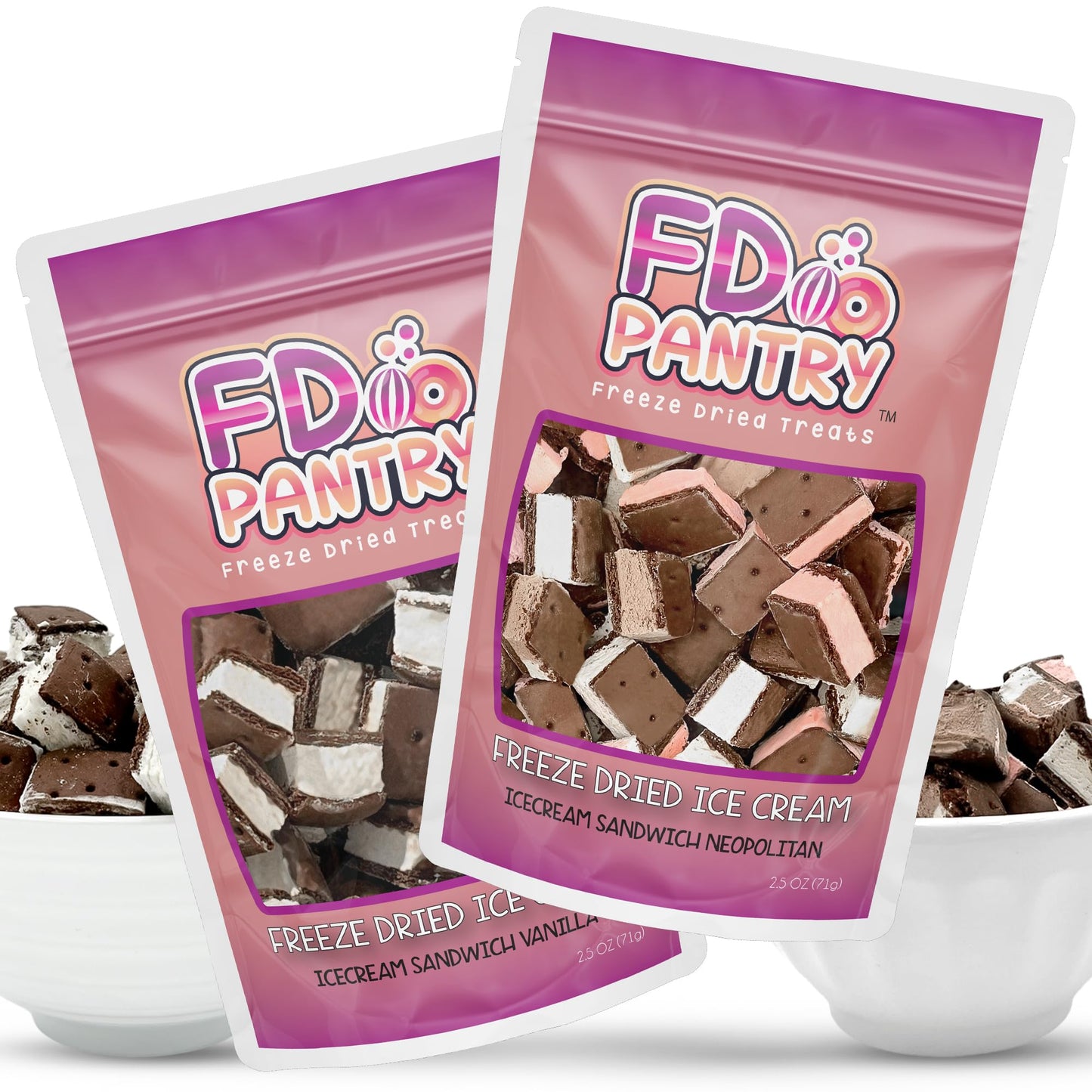 Freeze Dried Icecream Sandwich Bites, Neapolitan &amp;amp; Vanilla 2.5oz (2 pack) - Crunchy &amp;amp; Sweet Freeze Dried Dessert Snack, Dehydrated Freeze Dried Chocolate Flavors - Resealable Ice Cream Sandwich Bites