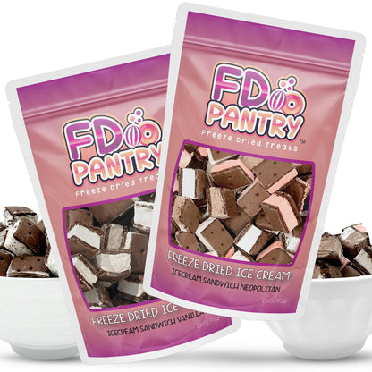 Freeze Dried Icecream Sandwich Bites, Neapolitan &amp;amp; Vanilla 2.5oz (2 pack) - Crunchy &amp;amp; Sweet Freeze Dried Dessert Snack, Dehydrated Freeze Dried Chocolate Flavors - Resealable Ice Cream Sandwich Bites