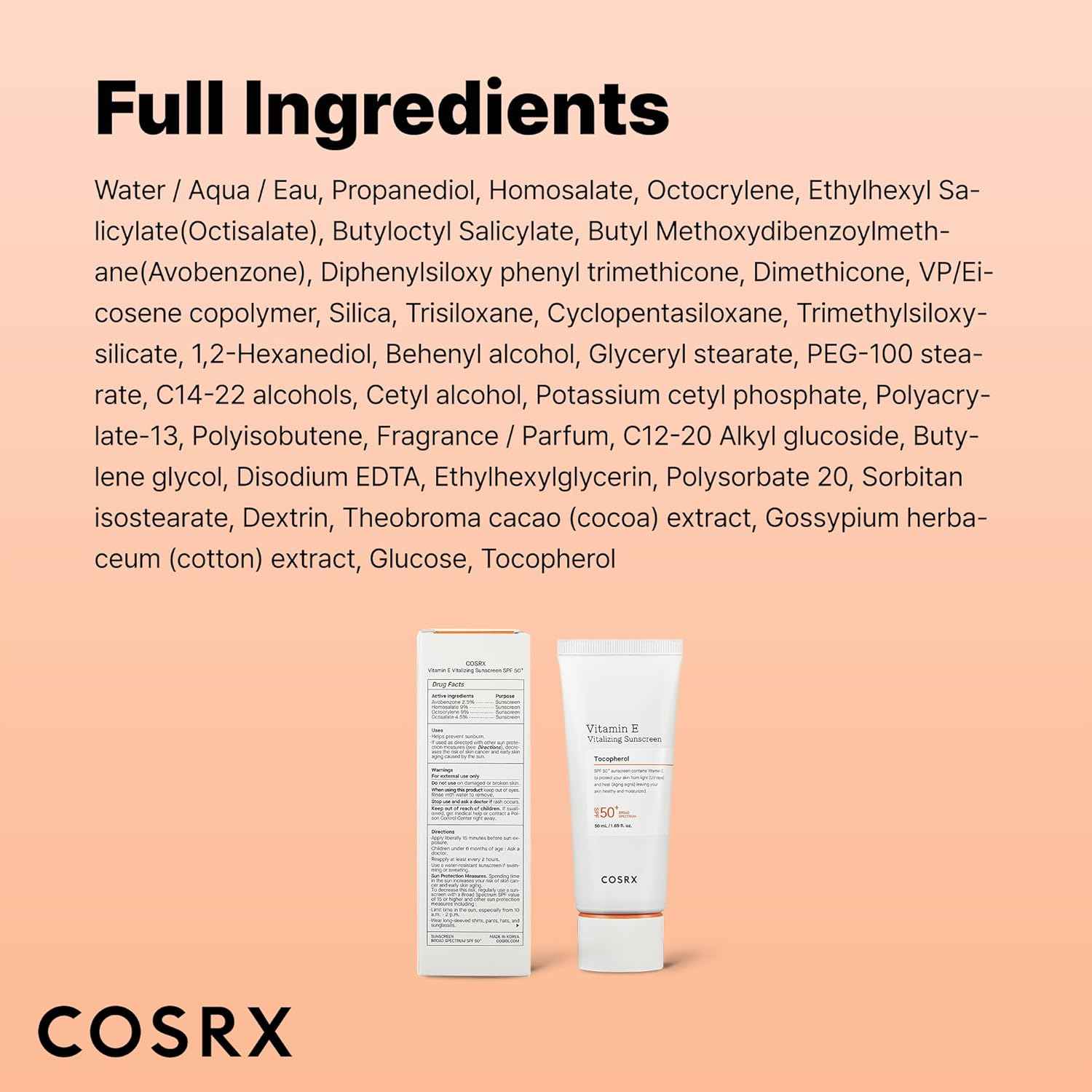 COSRX Vitamin E Vitalizing Sunscreen,SPF 50 Face Sunscreen, Lightweight, Non-Sticky, No White Cast, Hydrating, Beach Essentials, Travel Essentials, Korean Skincare, Mothers Day Gift for Mom1.69 fl oz