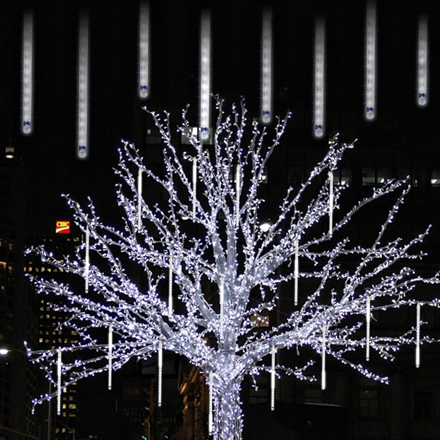LJLNION_Meteor_Shower_Lights,_12_Inch_Outdoor_Icicle_Christmas_Lights,_8_Tubes_288_LED_Iciclelights_Snow_Falling_Light,_Connectable_Raindrop_Light,_Xmas_Wedding_Party_Tree_Holiday_Decor,_White