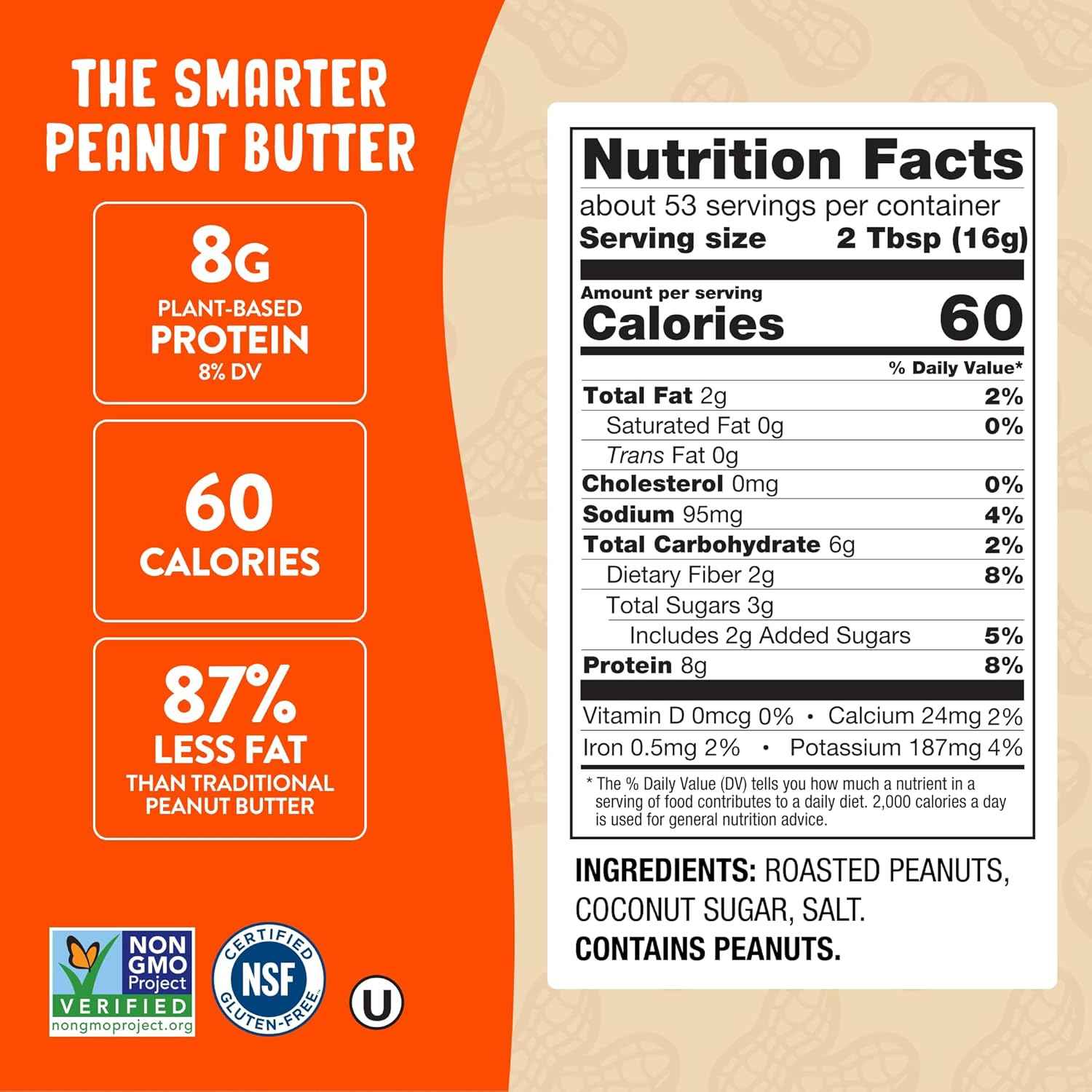PBfit Peanut Butter Powder, Powdered Peanut Butter Spread From Real Roasted Peanuts, 8g of Protein 8% DV, Gluten-Free, 60 calories, 87% less fat