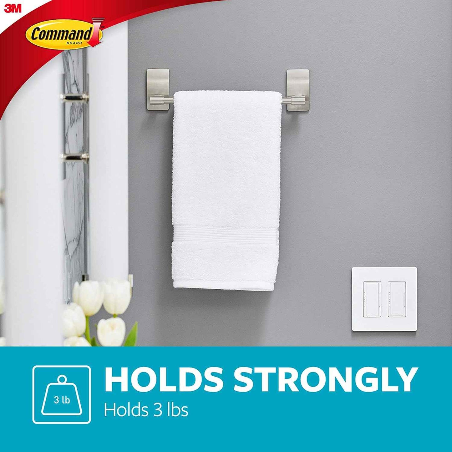 Command Hand Towel Bar Satin Nickel with 4 Water Resistant Command Strips, 9" Hand Towel Holder, Holds up to 3 lb, Great for Bathroom Décor on The Wall, Inside The Cabinet, or in The Shower