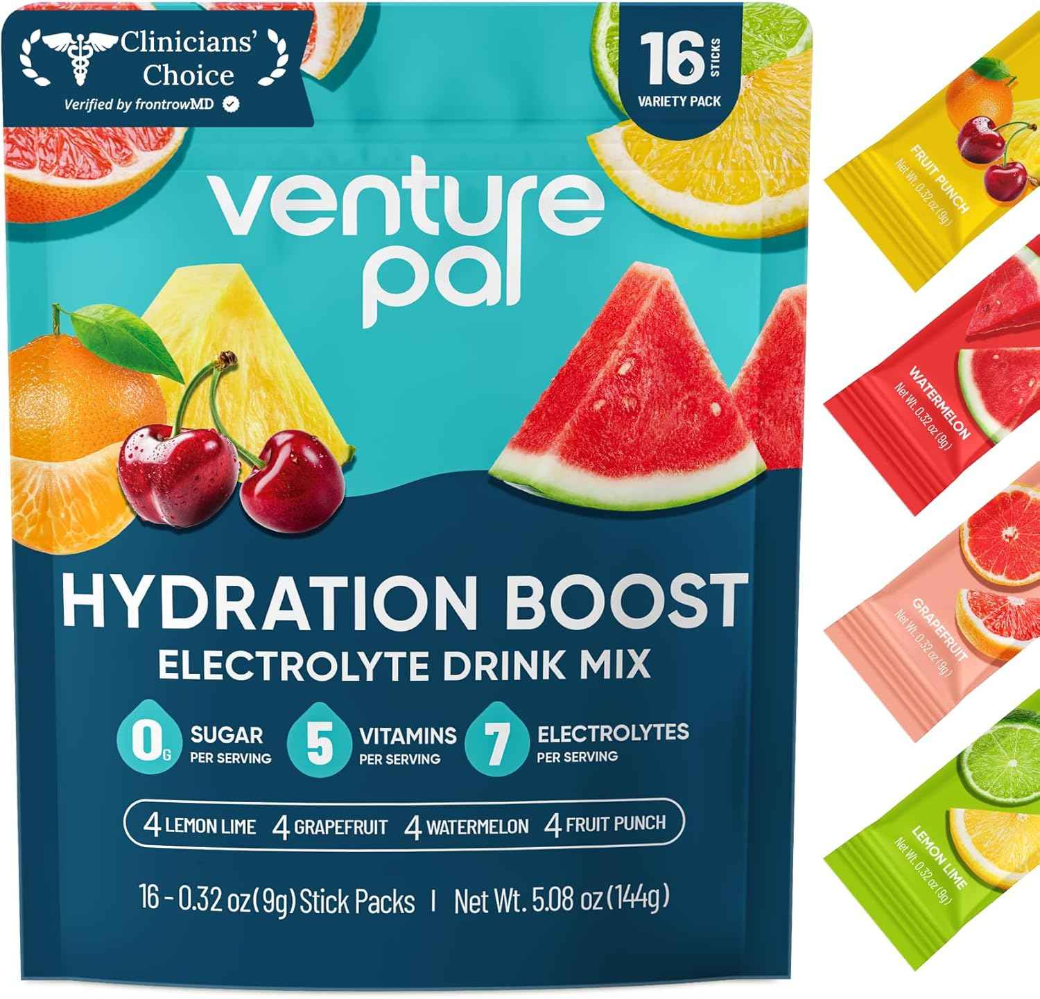 Venture Pal Sugar Free Electrolyte Powder Packets - Liquid Daily IV Hydration Packets for Rapid Rehydration | 7 Electrolytes & 5 Vitamins | Keto Friendly | Non-GMO | Vegan | Fast Dissolve | 16 Sticks