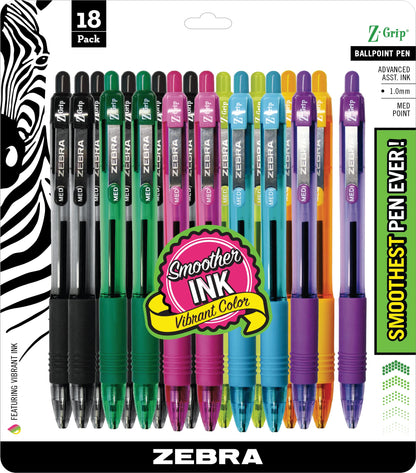 Zebra Pen Z-Grip Retractable Ballpoint Pen, Smooth-Flowing Assorted Fashion Colors, 1.0mm Medium Point, School &amp;amp; Office Supplies, Ideal for Note-Taking, Journal and Planner Use, 18-Pack (22208)