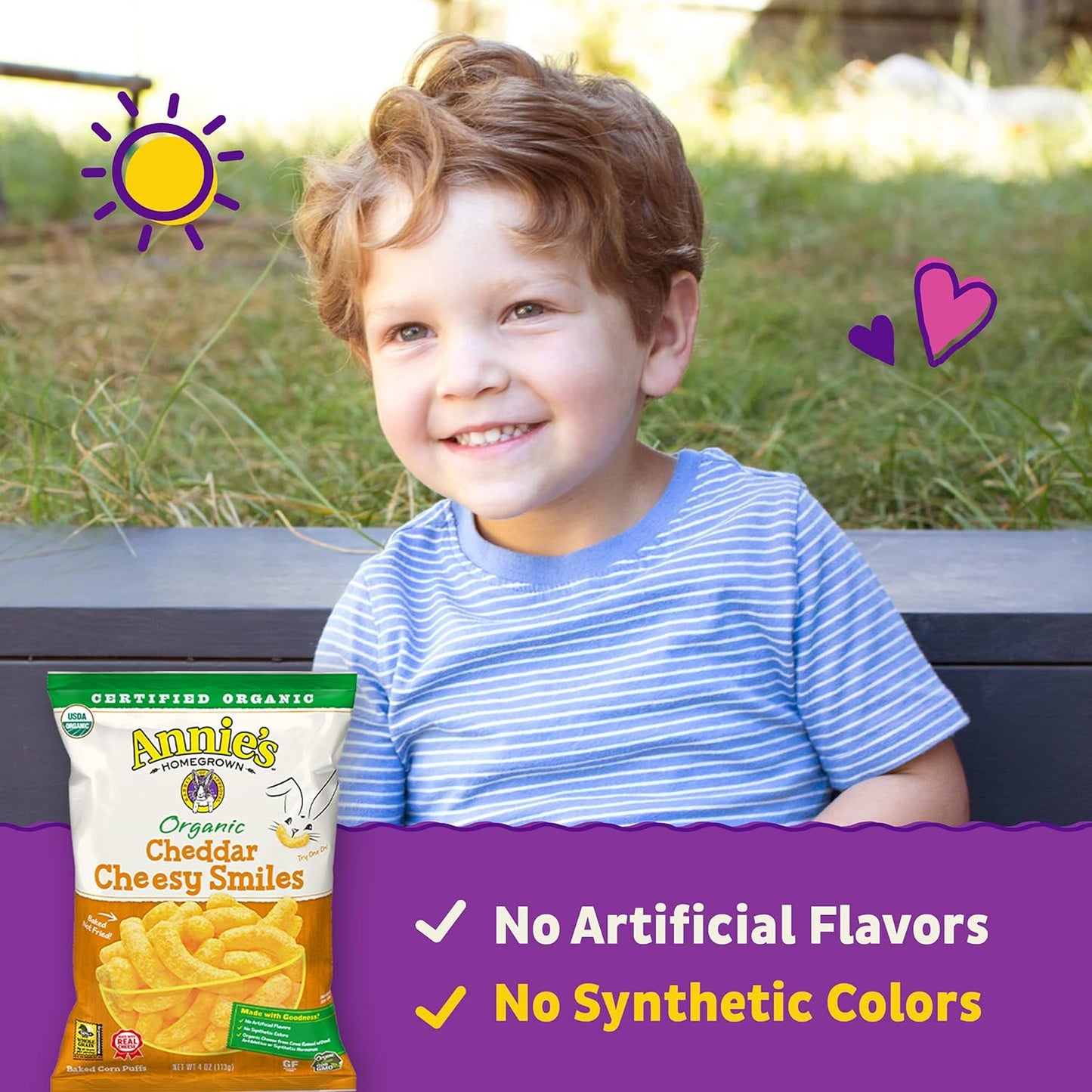 Annie's_Organic_Cheddar_Cheesy_Smiles,_Baked_Corn_Puffs,_Gluten_Free,_4_oz