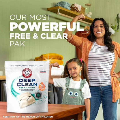 ARM & HAMMER Deep Clean Free & Clear Laundry Detergent Power Paks, Free of Dyes and Perfumes, Dermatologist Tested